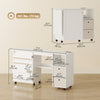 Rolling Sewing Machine Table with Power Outlet, Folding Craft Table with 2 Fabric Drawers, 2 Bins and 18 Pegs, White