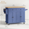 Rolling Kitchen Island with Rubber Wood Top and Storage, Spice Rack, Towel Rack, Blue