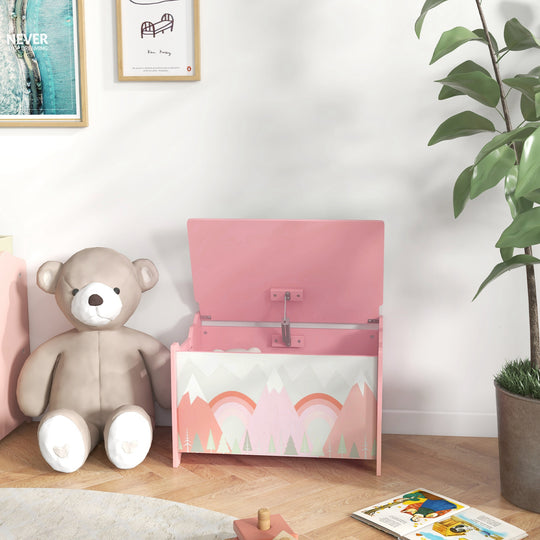 Toy Box, Kids Storage Chest with Lid, Safety Hinges and Groove Handles, Toy Storage Organizer with Rainbow Pattern for Boys, Girls, Pink