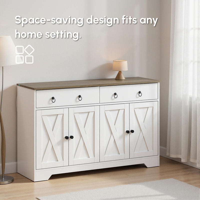Kitchen Sideboard Cabinet with 2 Drawers, 4 Barn Doors and 2 Adjustable Shelves, Buffet Table for Living Room