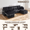 Modular Sofa, U-Shaped Corduroy Couch with Dual Storage Ottoman, Under-Seat Storage, 4 Pillows, Dark Grey
