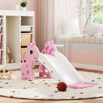 Qaba 3 in 1 Toddler Slide for Age 1-3, Kids Slide with Climber, Basketball Hoop and Ball, Giraffe Design, Pink