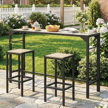 Bar Height Outdoor Table with Built-In Bottle Opener, Patio Bar Table with Wood Grain Plastic Top, 55