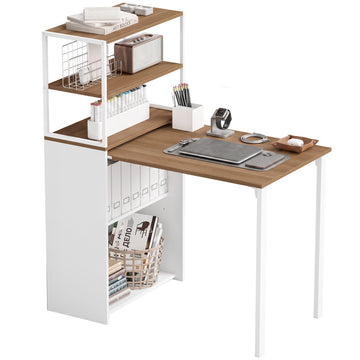 Folding Computer Desk with 4-Tier Bookshelf Space-Saving Home Office Desk, Natural