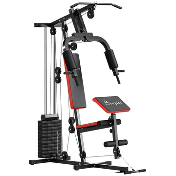 Soozier Home Gym Equipment Weight Training Machine, Multifunction Workout Machine with 143lbs Weight Stack for Full Body Workout and Strength Training, Black, Red