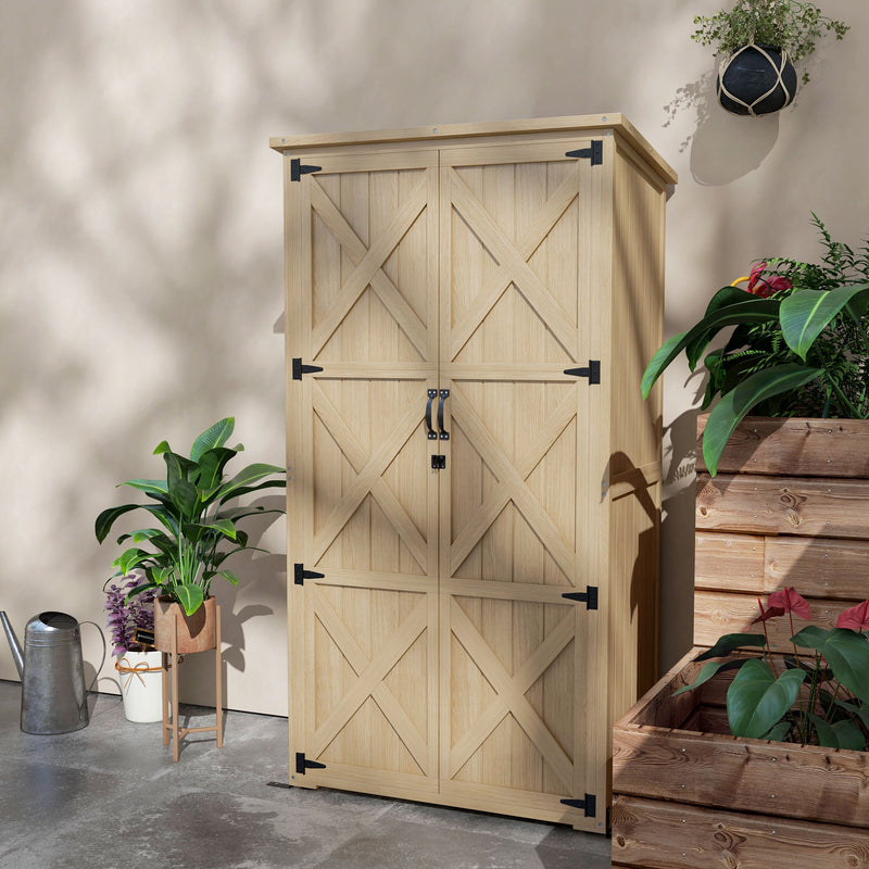 Wooden Outdoor Storage Cabinet Garden Shed with Waterproof Asphalt Roof and Lockable Doors, Natural