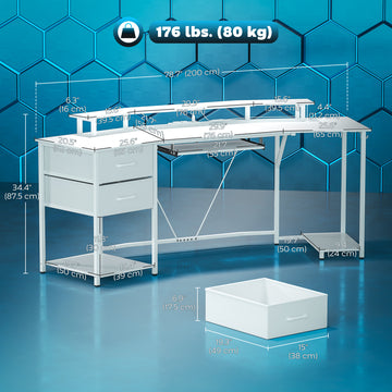 79 inch Gaming Desk with RGB Lights, Computer Table with Power Outlets & USB Ports, Keyboard Tray and 2 Drawers, White