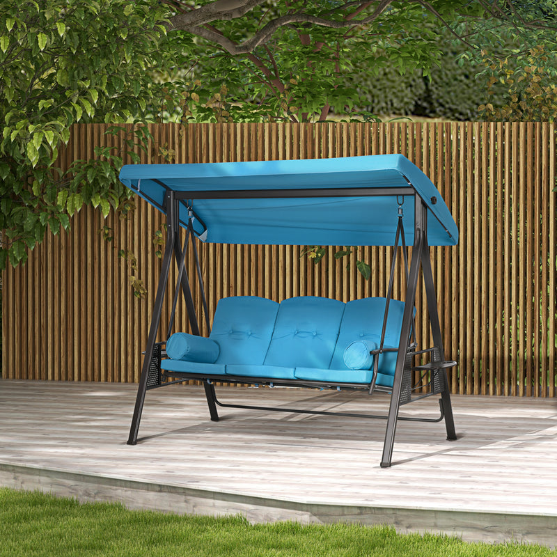 Outdoor Patio 3-Person Steel Canopy Cushioned Seat Bench Swing with Included Side Trays & Padded Comfort, Light Blue