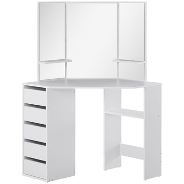 Corner Dressing Table, Makeup Desk with 3-piece Mirror and 5 Drawers, White