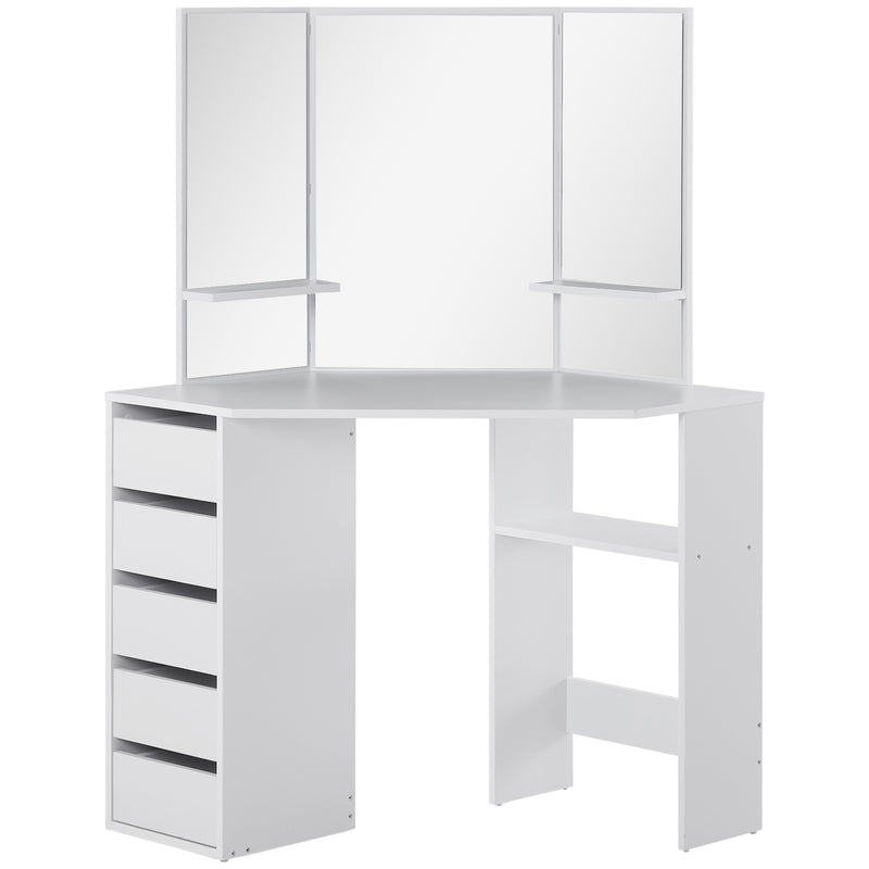 Corner Vanity Desk with Mirror, Makeup Vanity Table with 5 Drawers and Open Shelves, Dressing Table with 3-piece Mirror for Bedroom, Black