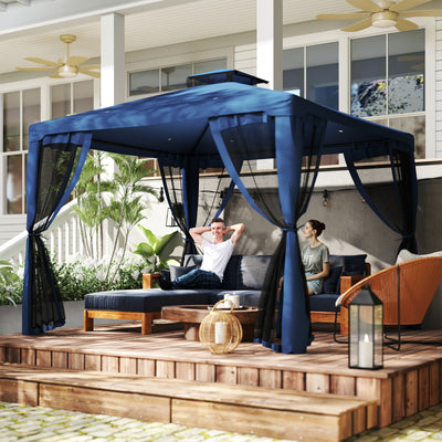 9.6' x 9.6' Patio Gazebo Outdoor Pavilion 2 Tire Roof Canopy Shelter Garden, Steel Frame w/ Mosquito Netting, Dark Blue