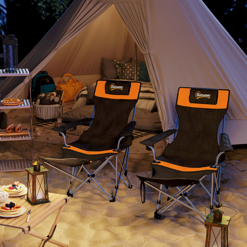 Set of 2 Reclining Camping Chair with Foot Rest, Folding Camping Chair w/ Headrest, Cup Holder, Storage Bag, Orange