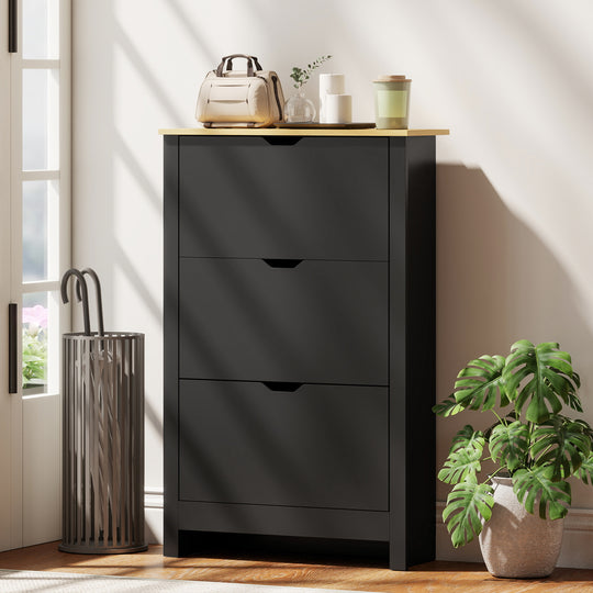 Shoe Storage Cabinet with 3 Flip Drawers and Adjustable Shelves for 18 Pairs of Shoes, Black
