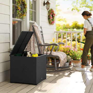 67 Gallon Rattan Deck Box, Wicker Outdoor Storage Box with Waterproof Zippered Liner, Safe Pneumatic Rod, Grey
