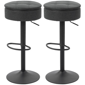 Set of 2 Barstools with Storage, Swivel Bar Stools with PU Leather Upholstered, Footrest, Steel Base, Black