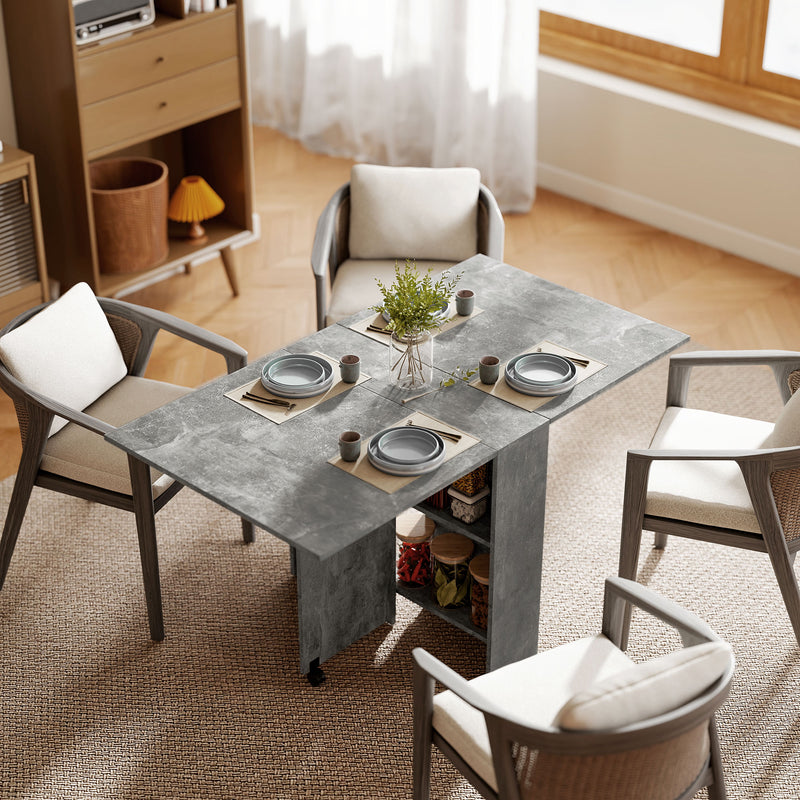 Extendable Dining Table, Collapsible Folding Table w/ 2-tier Shelves and Rolling Casters, Grey