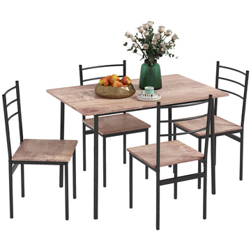 5 Piece Dining Table Set for 4, Space Saving Kitchen Table and 4 Chairs, Rectangle, Steel Frame for Dining Room, Oak