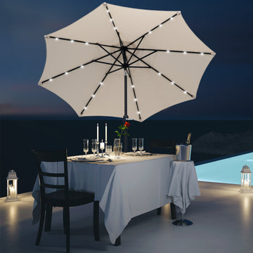 8.8ft Solar Patio Umbrella Outdoor Sunshade 24 LED Lights Tilt Canopy Cream