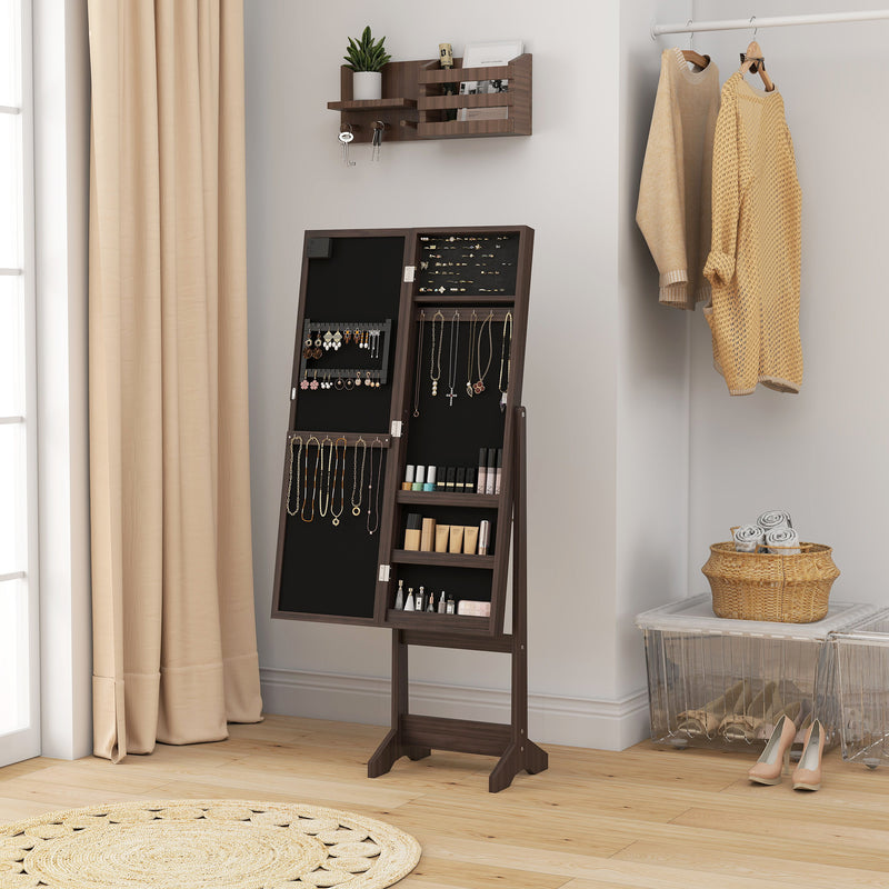 Free Standing Armoire Organizer, Lighted Mirrored Jewelry Cabinet w/ Angle Adjustable & 16 LED Lights, Dark Brown