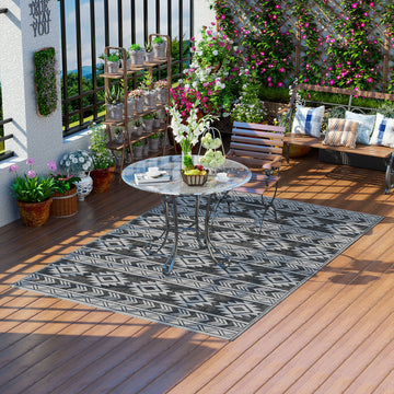 Reversible Outdoor RV Rug, Patio Floor Mat, 6' x 9' Plastic Straw Rug for Backyard, Deck, Beach, Camping, Black & Grey