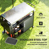 Outdoor BBQ Stand with Foldable Side Table, Stainless Steel Top, Pizza Oven Table with Wheels Hooks Shelves