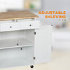 Rolling Kitchen Island with Storage, Kitchen Cart with Rubber Wood Top, Adjustable Shelf, Towel Rack, Hooks and Storage Drawers, White