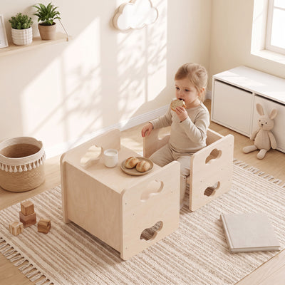 Montessori Kids Table and Chair Set with 3-Level Heights for 18-36 Months Toddlers, Learning, Play and Mealtime, Natural