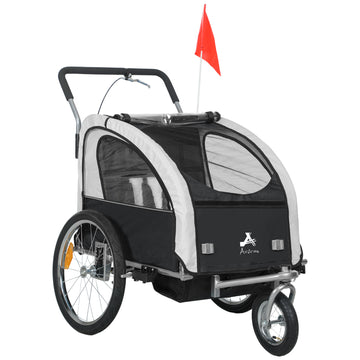 2-in-1 Bike Trailer for Kids, Foldable 2-Seat Baby Stroller with 5-Point Harness, Rubber Wheels, Storage Bag, Black