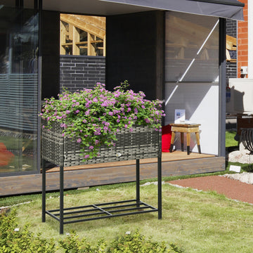 Rattan Raised Garden Boxes, Elevated Flower Beds with Storage Shelf for Herbs, Flowers, Vegetables, Mixed Grey
