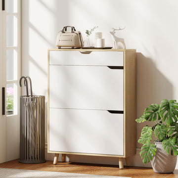 Narrow Shoe Cabinet for Entryway with 2 Flip Drawers, Top Drawer and Adjustable Shelves for 12 Pairs of Shoes, White