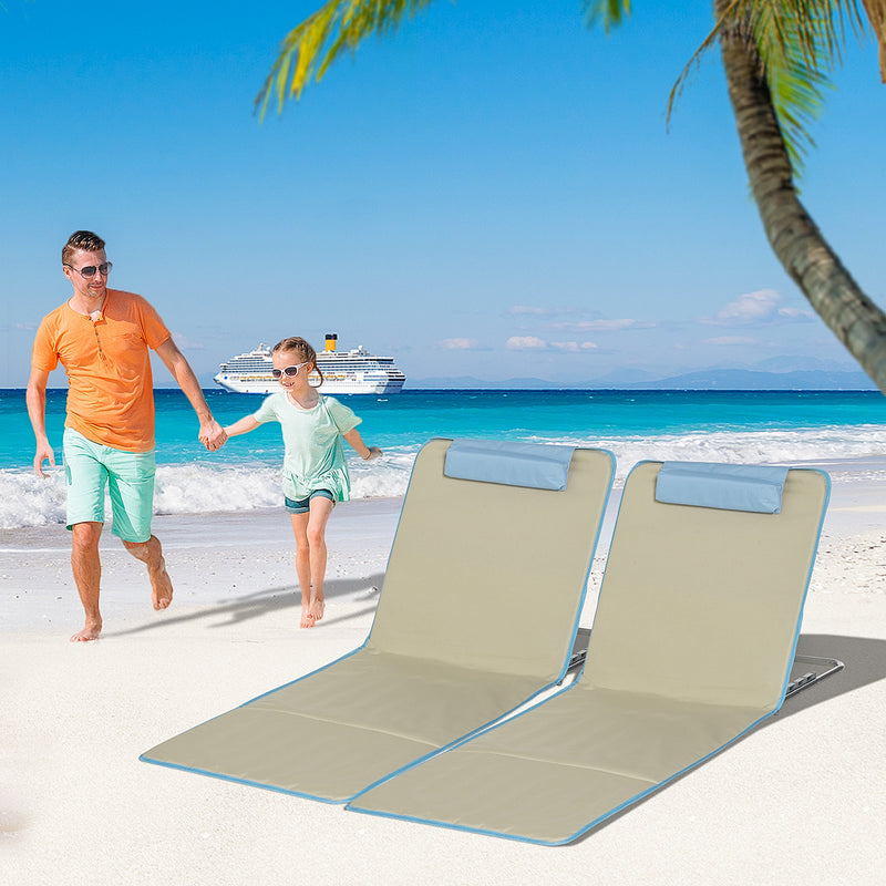 Set of 2 Beach Lounge Chair, Folding Ground Beach Mat w/ Adjustable Back, Steel Frame, Head Pillow and Carry Bag, Beige
