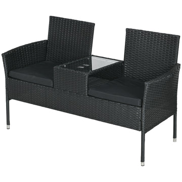 Patio Furniture w/ Mid-Table PE Rattan Loveseat w/ Cushion, Black