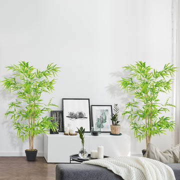 Artificial Bamboo Tree Set of 2, 5ft Fake Tree with Realistic Leaf and Natural Trunk, Decorative Plant in Nursery