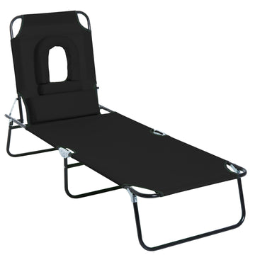 Adjustable Outdoor Lounge Chair, Garden Folding Chaise Lounge with Face Hole Reclining Tanning Chair Seat, Folding Camping Beach Lounging Bed w/ Support Pillow, Black