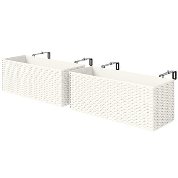 2 Pack 20 Inch Hanging Flower Pots, Railing Planter Box for Fence, Garden, Rattan Look, White