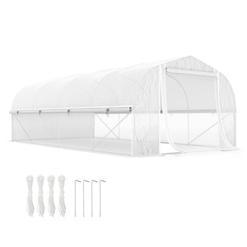 19.5' x 10' x 7.5' Tunnel Greenhouse with 3 Roll-Up Doors and Large Mesh Windows, Galvanized Steel Frame, Wind Resistant, White