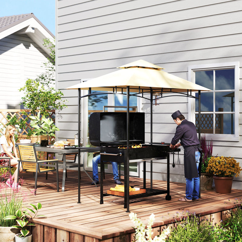 8' x 5' Outdoor Grill Gazebo, Double Tiered Barbecue Grill Gazebo Shelter with 2 Side Shelves, Hooks, Beige