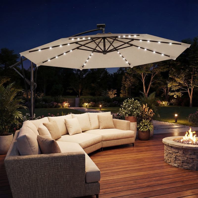 11.3 ft Cantilever Patio Umbrella with Light, Cover, Aluminium UPF50+ Offset Outdoor Umbrella Parasol, Khaki