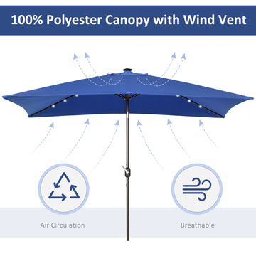 6.5x10ft Patio Umbrella Rectangle Solar Powered Tilt Aluminum Outdoor Market Parasol with LEDs Crank (Dark Blue)