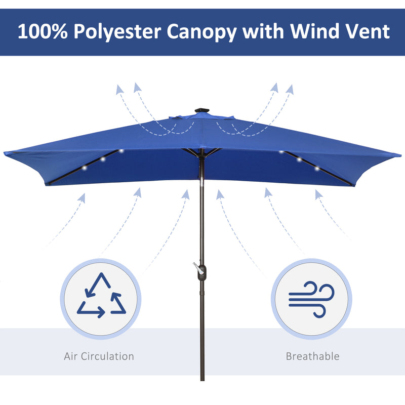 6.5x10ft Patio Umbrella Rectangle Solar Powered Tilt Aluminum Outdoor Market Parasol with LEDs Crank (Dark Blue)