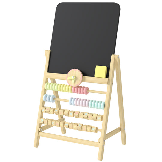 Wooden Kids Art Easel with Double-Sided Chalkboard, Clock, Abacus, Blackboard Eraser for Painting, for Ages 2+, Natural
