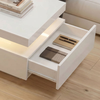 LED Coffee Table with Storage, 2-Tier Modern Center Table with 2 Drawers for Living Room, High Gloss White