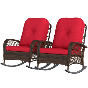 Outdoor Wicker Rattan Rocking Chair Set of 2, Patio Rocker with Thick Cushions for Garden Backyard Porch, Red