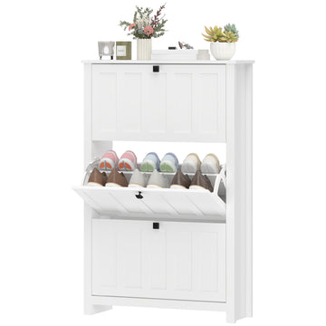 Slim Shoe Cabinet with 3 Flip Drawers, Shoe Storage Cabinet with Adjustable Shelves for Entryway, Holds 18 Pairs, White