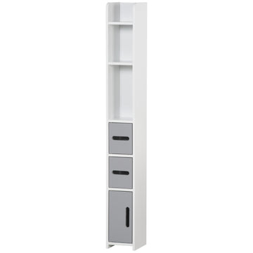 Freestanding Tall Bathroom Cabinet, Narrow Bathroom Storage Cabinet with Shelves and Cupboards, Grey and White