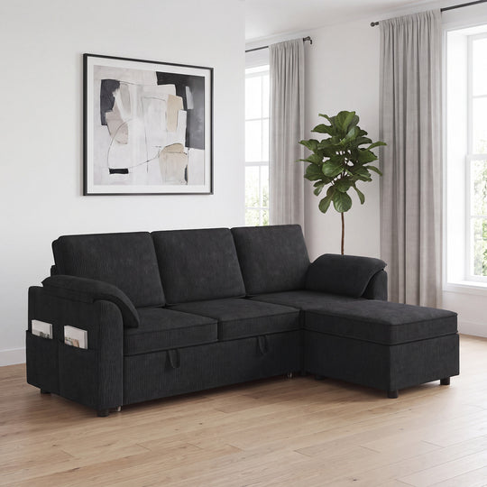 Sectional Sofa Bed Reversible Pull Out Sleeper Sofa Storage Ottoman, Black