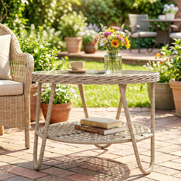 Rattan Outdoor Coffee Table, 2-Tier Small Garden Side Table with Storage Shelf, Tempered Glass Top, Adjustable Footpads