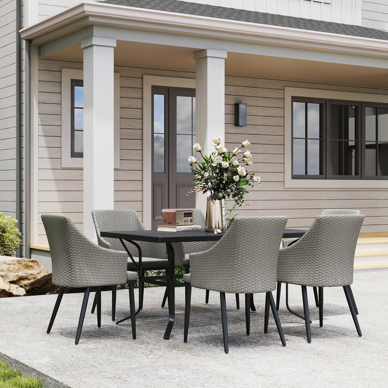 7 Piece Wicker Patio Furniture Set with Cushions, Umbrella Hole, Slatted Table Top, for Backyard, Porch, Garden, Balcony