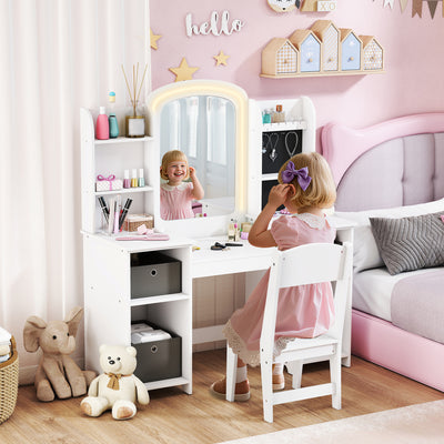 Qaba Kids Vanity Table and Chair Set, Toddler Dressing Table and Chair Set with Lighted Mirror and Storage Space for Little Girls, White