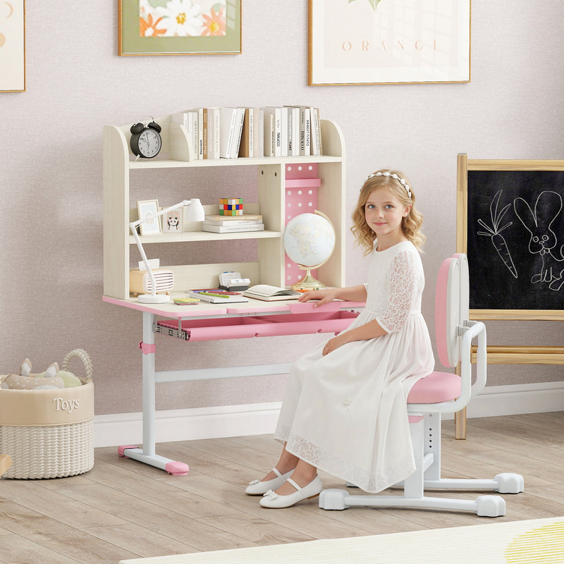 Qaba Kids Desk and Chair Set with Tilt Desktop, Adjustable Height, Drawer and Shelves for Boys Girls Ages 3-12